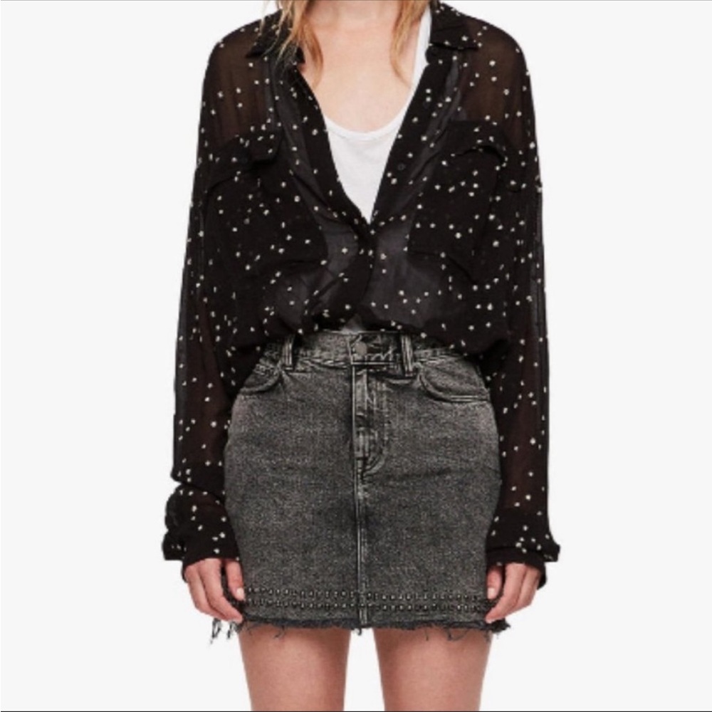 All Saints Black Sheer Button-Down Shirt with White Polka Dots